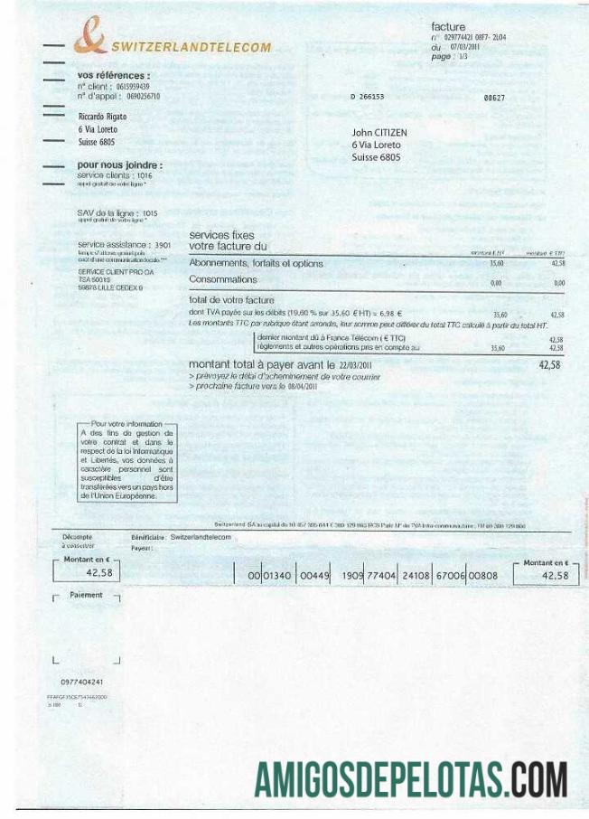 Em branco modelo de conta de serviços públicos da Suíça Telecom, totalmente editável em formato PSD